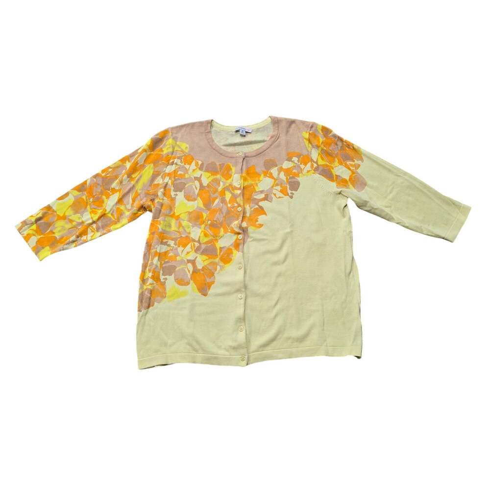 Isaac Mizrahi Live! Yellow Floral Print Crew Neck Button Front Cardigan Sweater